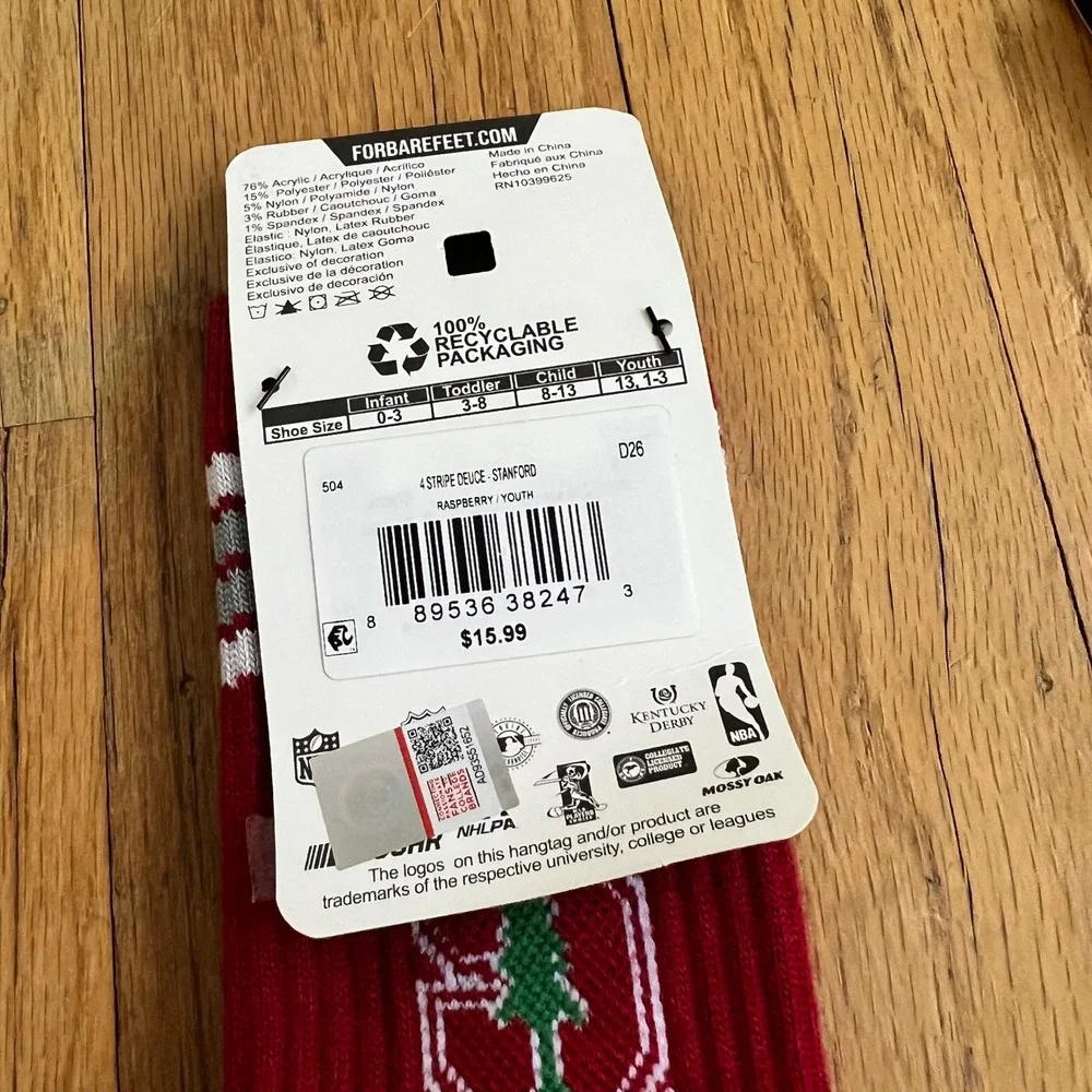 For Bare Feet Socks Stanford 4 Stripe Deuce Youth Size 13, 1-3 Red Cardinal New